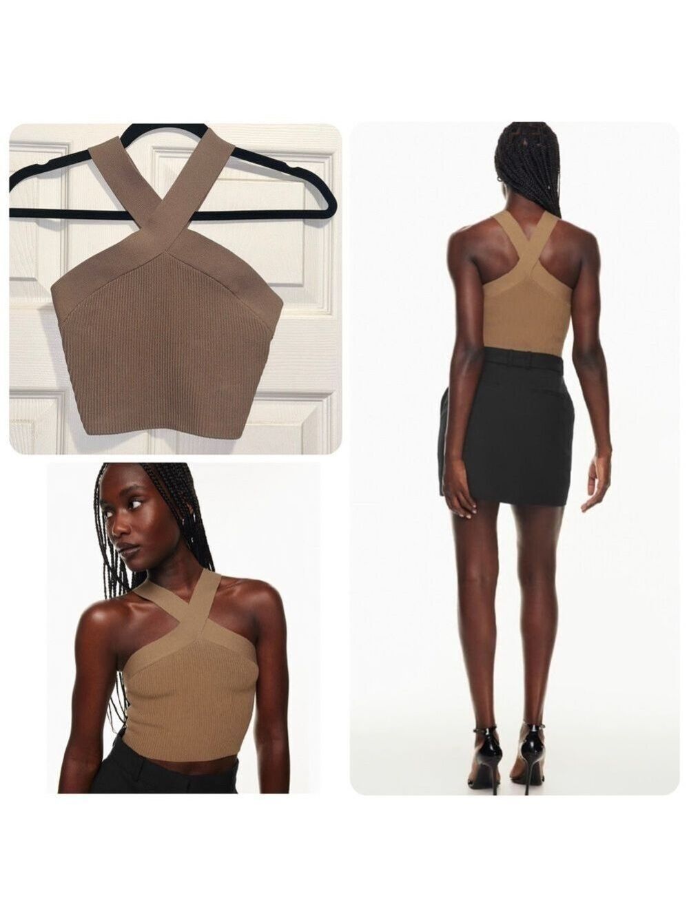 Aritzia Babaton Sculpt Knit Criss Cross Cropped Tank Brown Tan Size XS